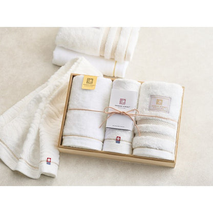 ギフト好適品 今治謹製　白織×至福×ご褒美タオル　フェイスタオル３枚セット（木箱入） ホワイト SISET500